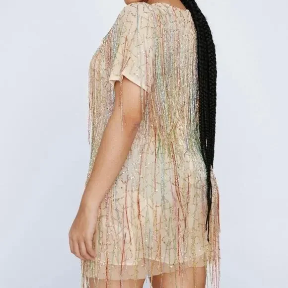 plus size tassel beaded mini shift dress Final Sale Plus Size Strapless Fringe Dress in Black main image 1
